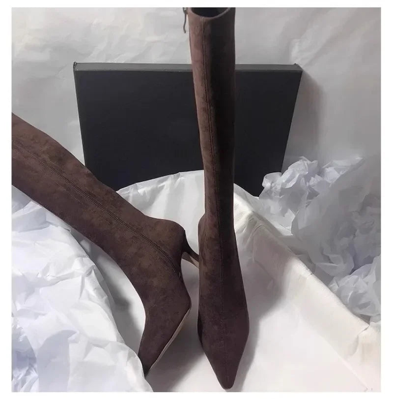 Pointed Toe Knee-High Boot Sexy Thigh High Boots Womens Side Zipper Suede Elastic High Heels Modern Shoe Zapatos De Mujer