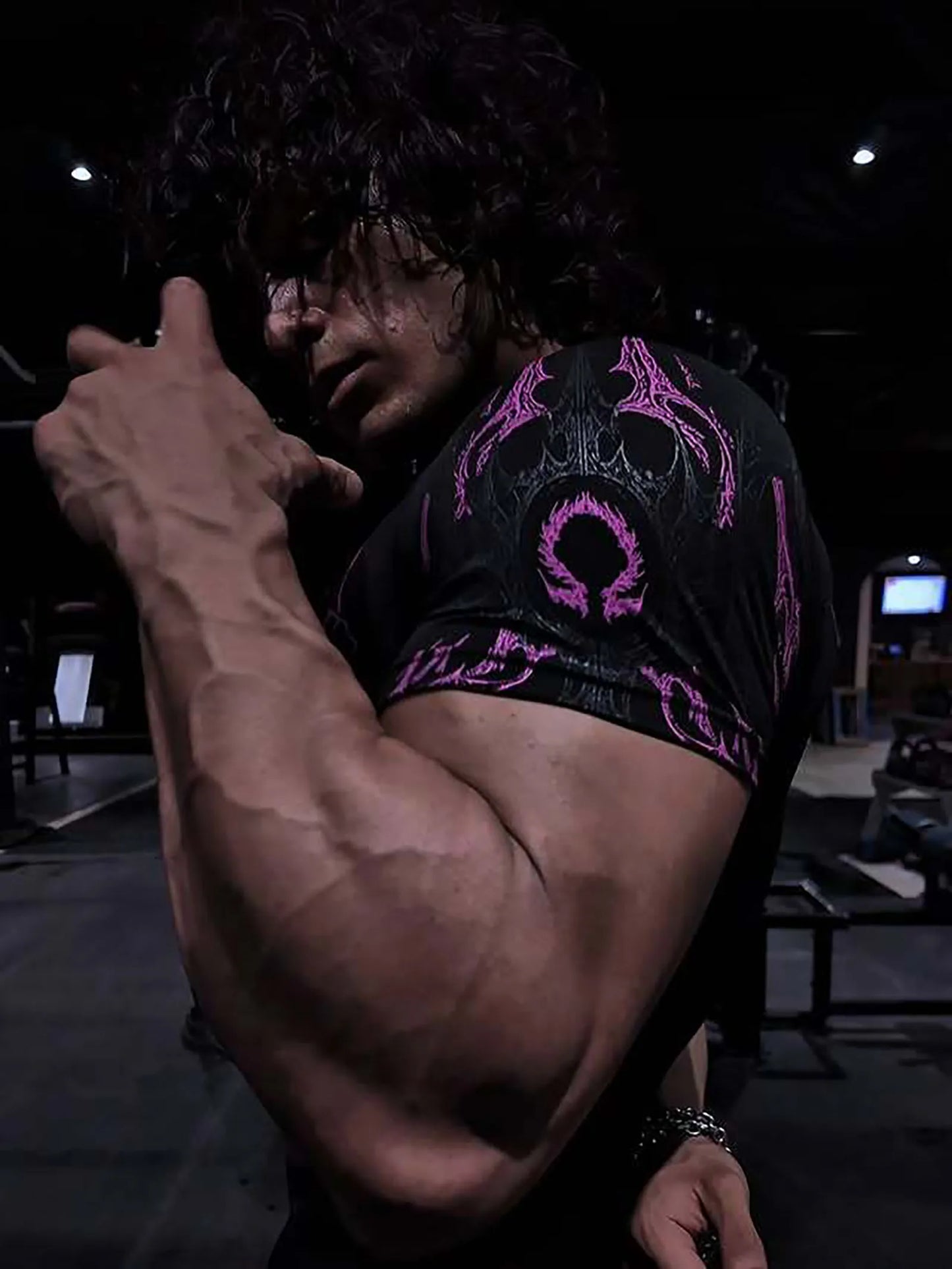 GYM T-shirt Men's Dark Gothic Print Muscle Tee High Elasticity And Quick Drying Exercise For Bodybuilding Training 2025 Summer