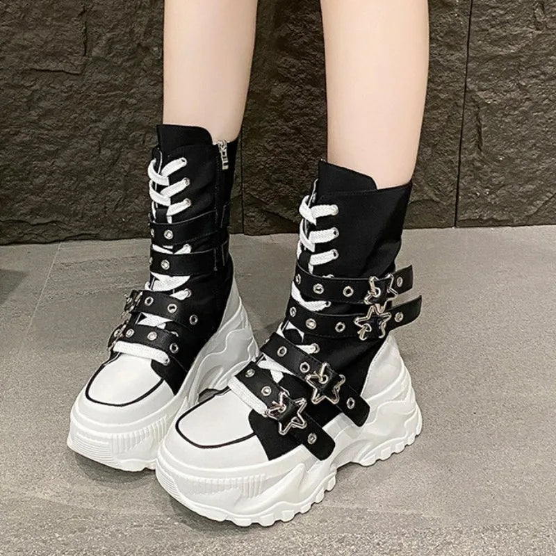 Women's Platform Boots New Round Head Belt Buckle Locomotive Boots European and American Thick-soled Boots for Women Botas Mujer