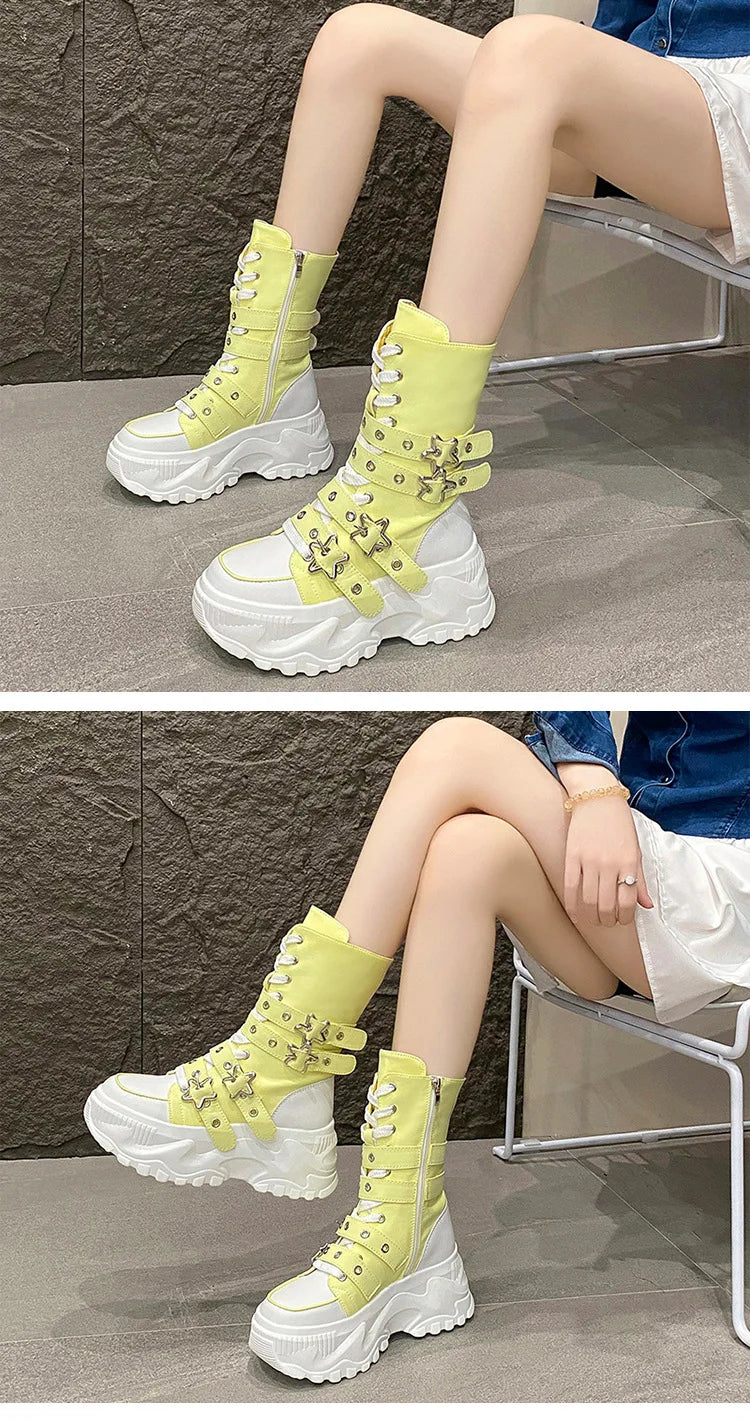 Women's Platform Boots New Round Head Belt Buckle Locomotive Boots European and American Thick-soled Boots for Women Botas Mujer