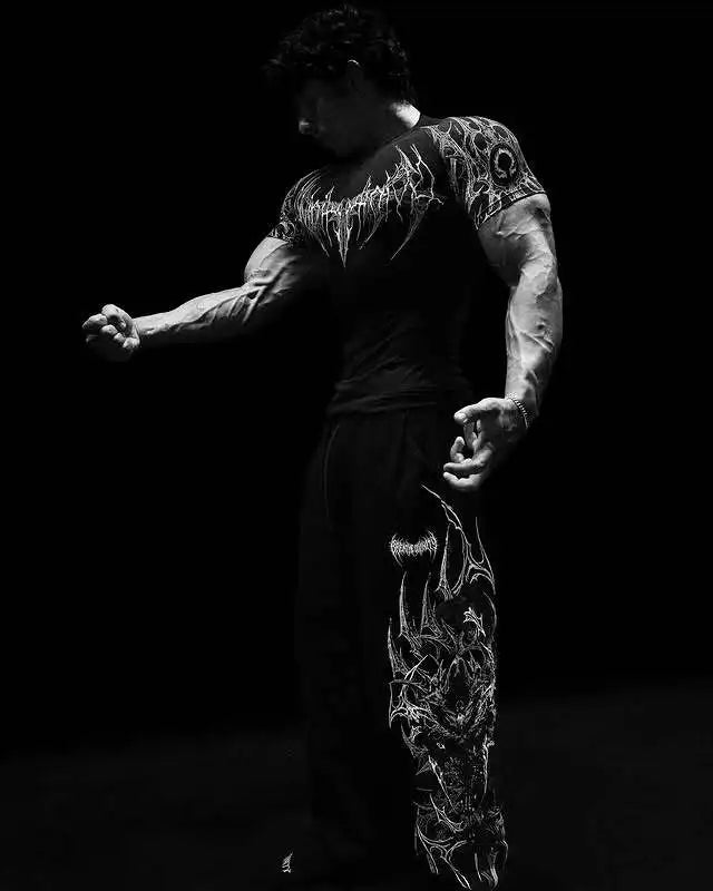 GYM T-shirt Men's Dark Gothic Print Muscle Tee High Elasticity And Quick Drying Exercise For Bodybuilding Training 2025 Summer