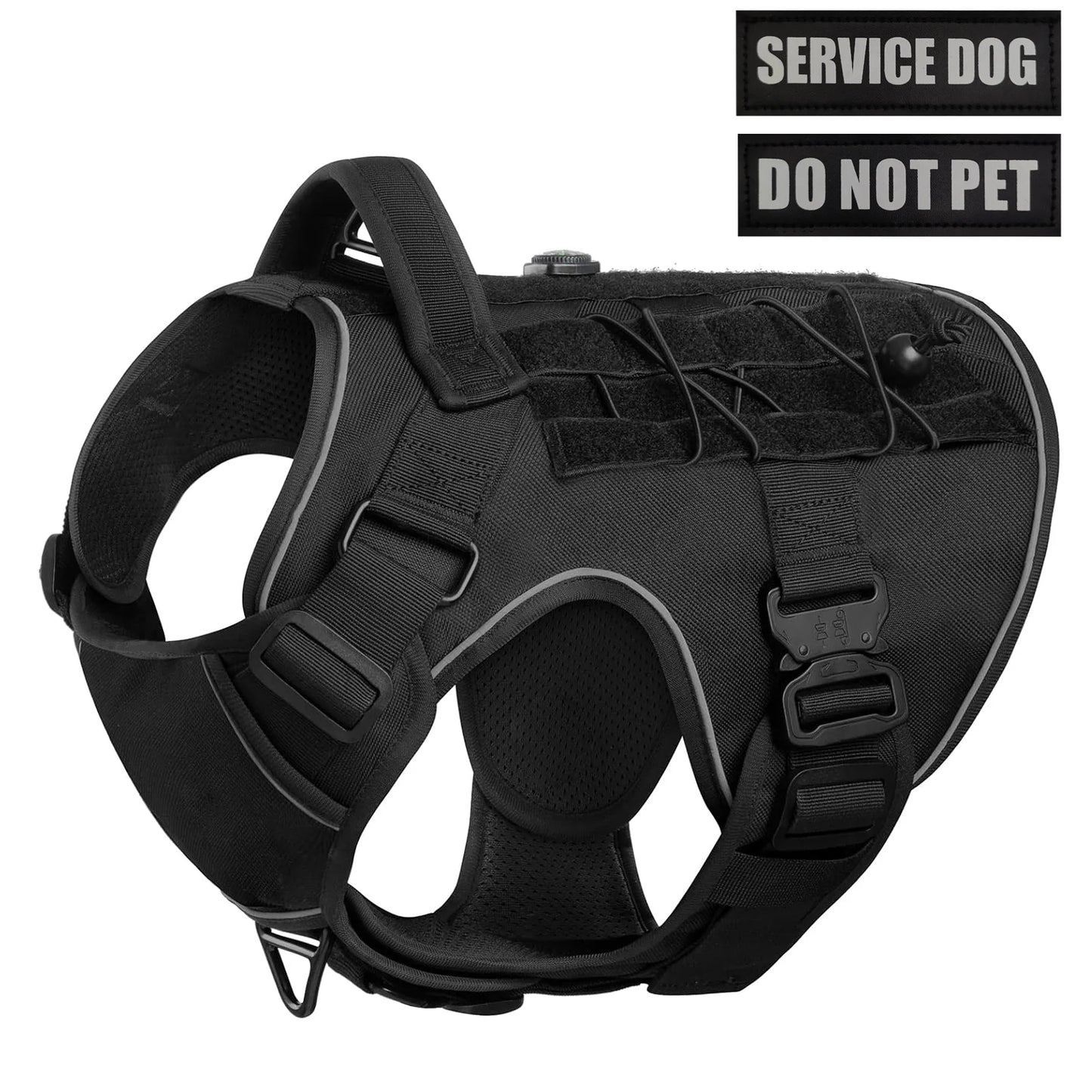 Tactical Dog Harness, two Metal Buckle Heavy Duty Dog Harness with Do Not Pet nameplate Patch, Reflective Military Dog Harness