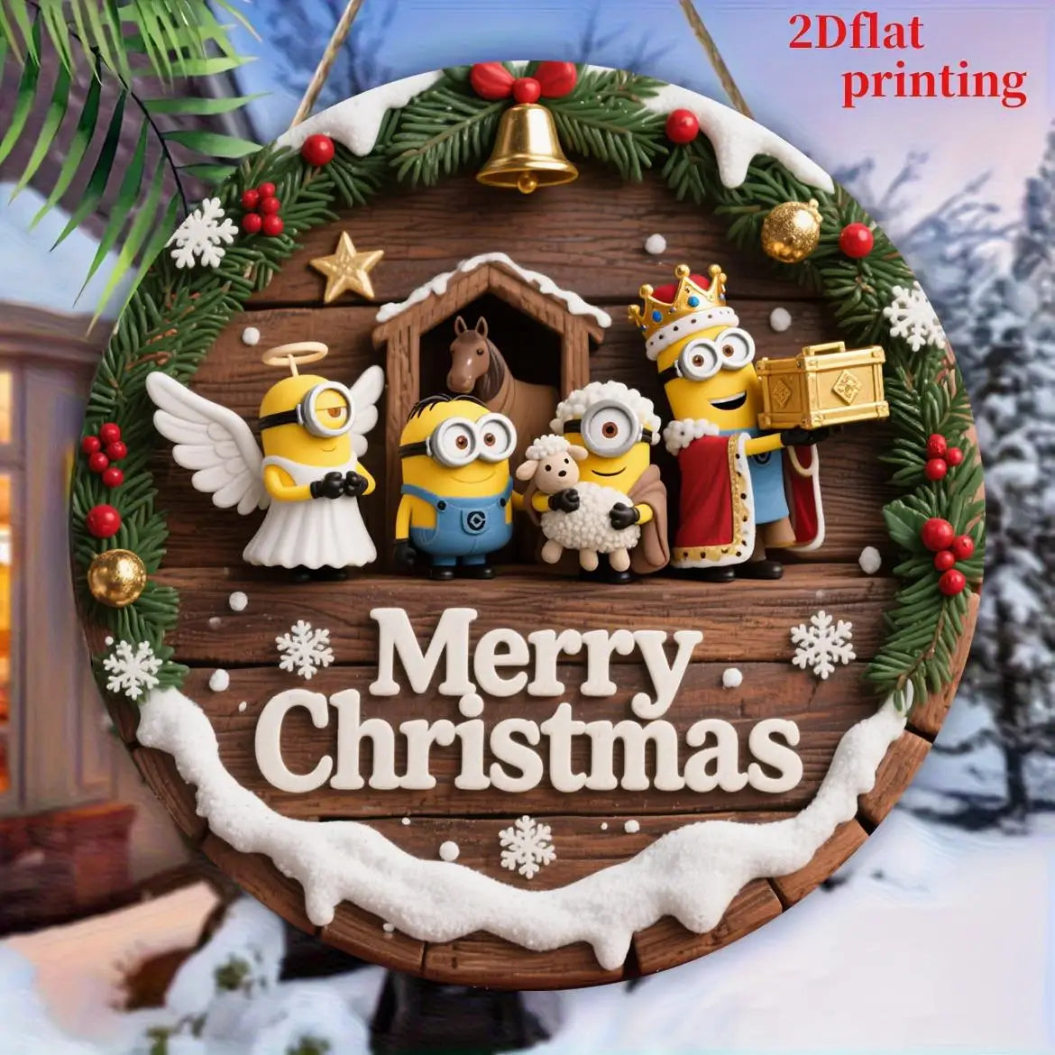 Christmas Minions Wooden Yard Sign Round Sign Creative Decorative Sign Suitable For Home Garden Terrace Snow House Decoration
