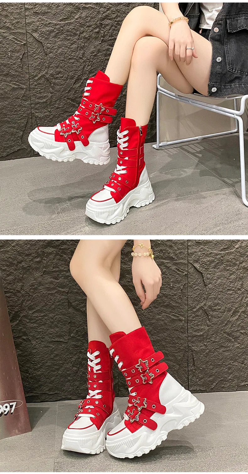 Women's Platform Boots New Round Head Belt Buckle Locomotive Boots European and American Thick-soled Boots for Women Botas Mujer