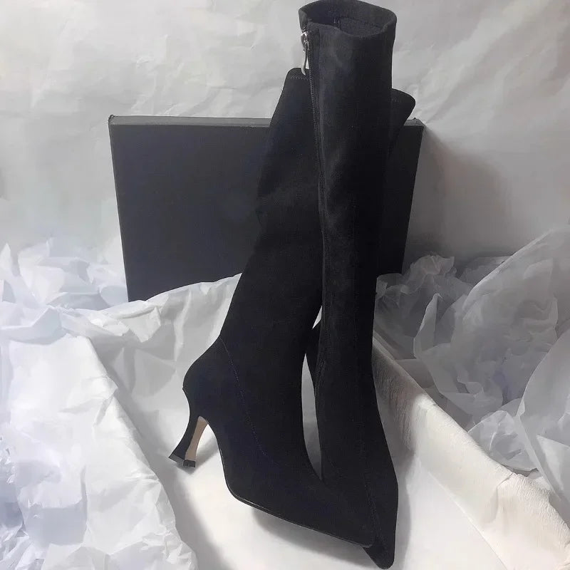 Pointed Toe Knee-High Boot Sexy Thigh High Boots Womens Side Zipper Suede Elastic High Heels Modern Shoe Zapatos De Mujer