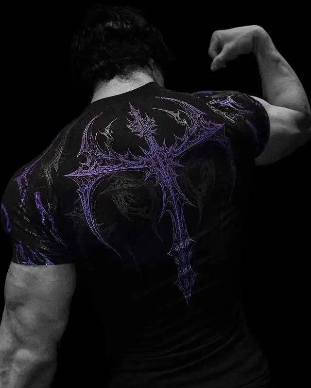 GYM T-shirt Men's Dark Gothic Print Muscle Tee High Elasticity And Quick Drying Exercise For Bodybuilding Training 2025 Summer