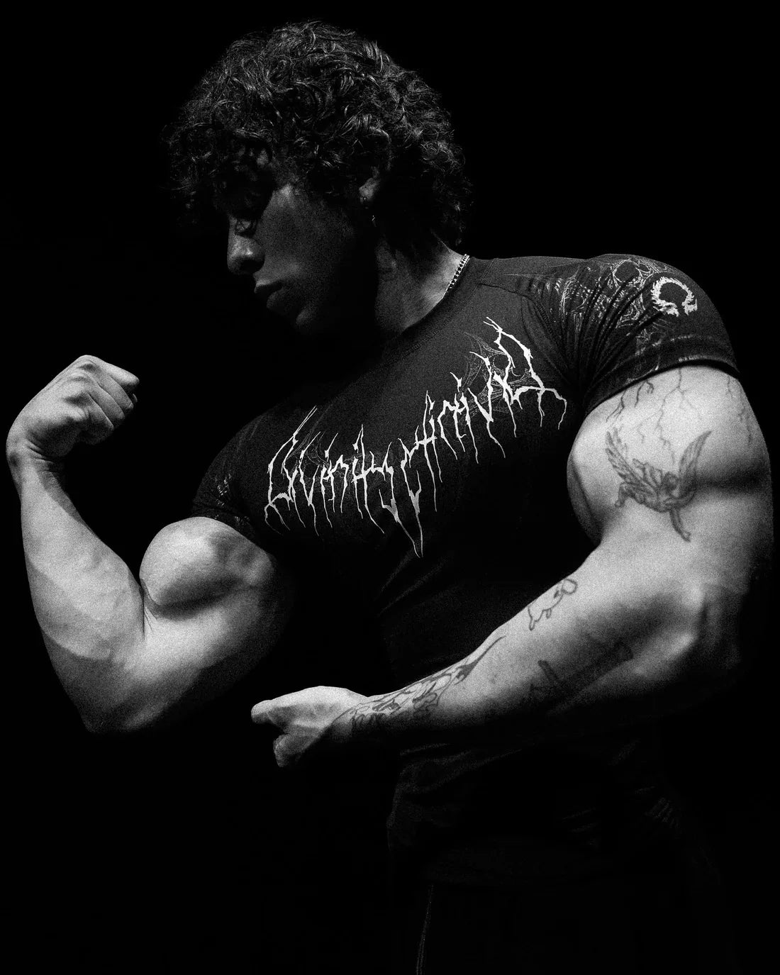 GYM T-shirt Men's Dark Gothic Print Muscle Tee High Elasticity And Quick Drying Exercise For Bodybuilding Training 2025 Summer