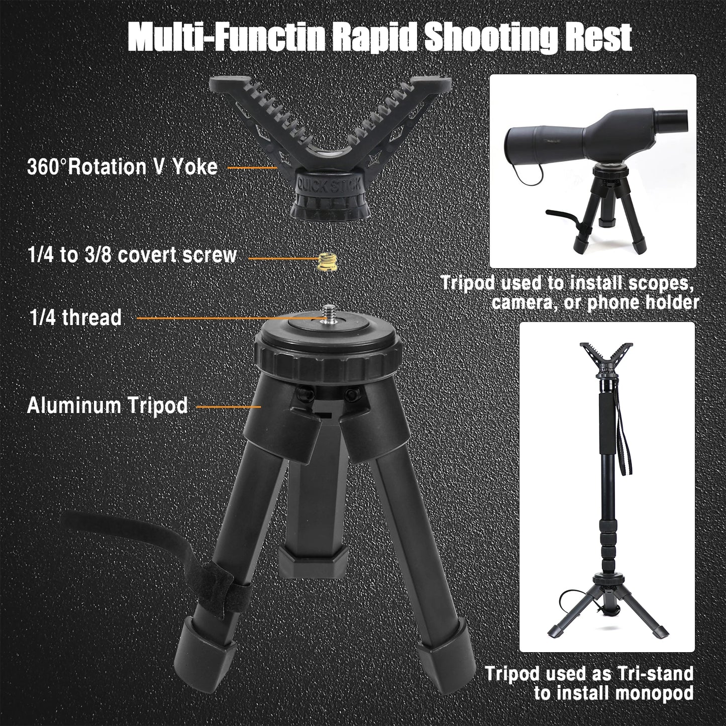 Tactical Shooting Rest Adjustable Height Compact Rifle Shooting Tripod V Yoke Durable Aluminum Construction for Shooting Hunting
