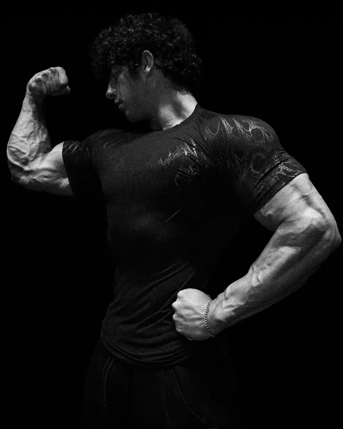 GYM T-shirt Men's Dark Gothic Print Muscle Tee High Elasticity And Quick Drying Exercise For Bodybuilding Training 2025 Summer