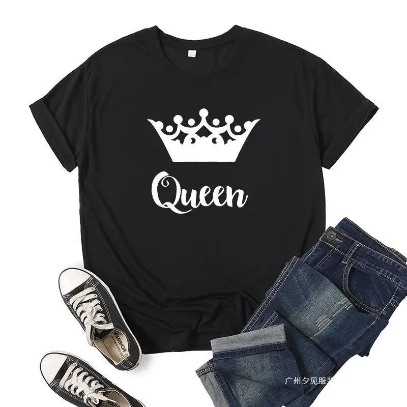 King Queen Crown Print Couple T Shirt Short Sleeve O Neck Wo Women Clothing Graphic T Shirts
