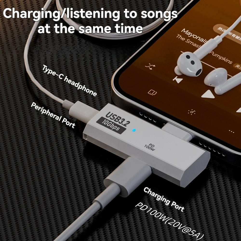 Type-C 10Gbps/Headphone Adapter with PD 100W Charging Port 2-in-1 USB C Splitter for Rog Ally, Steam Deck, Laptop, Mobile Phone