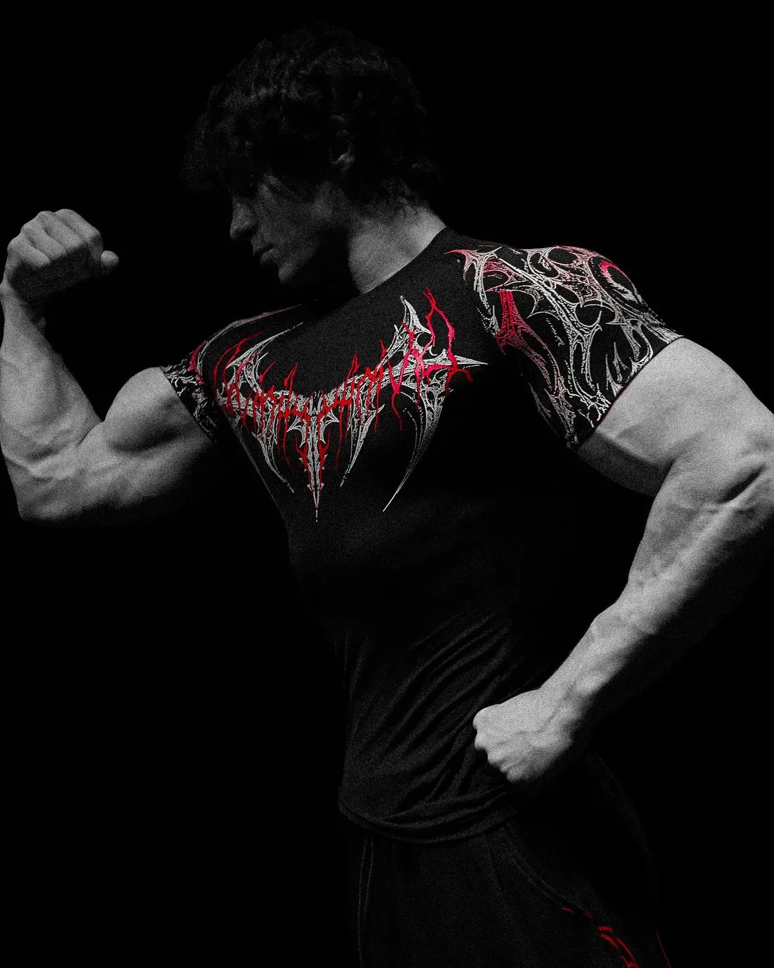 GYM T-shirt Men's Dark Gothic Print Muscle Tee High Elasticity And Quick Drying Exercise For Bodybuilding Training 2025 Summer