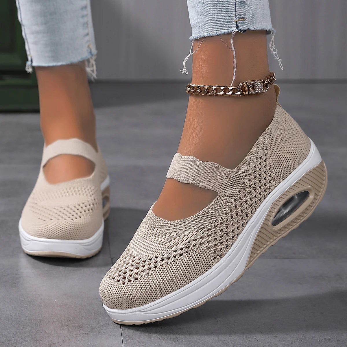 Round Toe Knitted Women'S Shoes With Thick Soles And Elevated Height, Single Shoe Size 35-43, Summer Breathable Casual Shoes