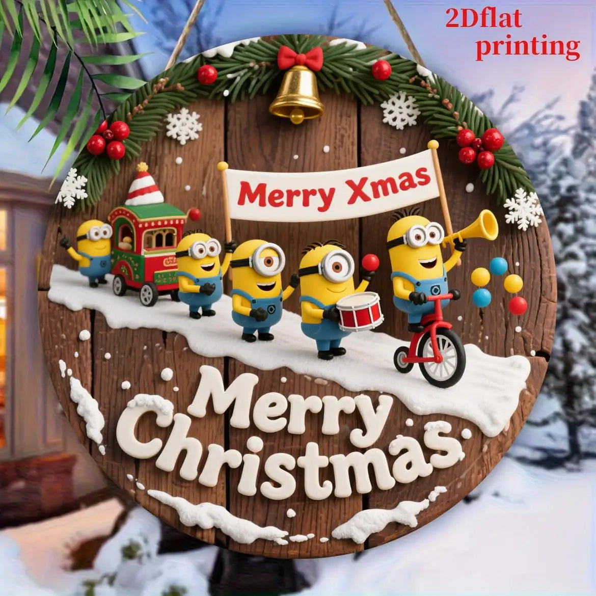 Christmas Minions Wooden Yard Sign Round Sign Creative Decorative Sign Suitable For Home Garden Terrace Snow House Decoration