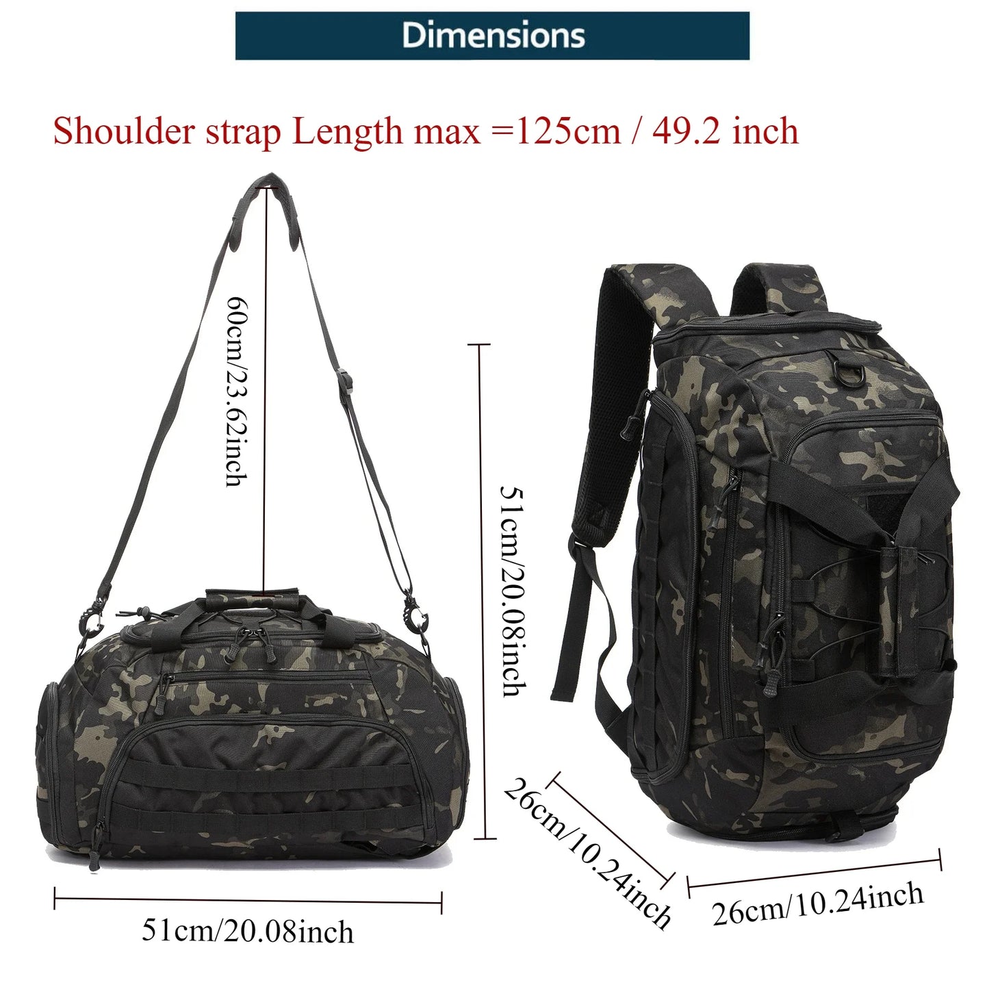 Gym Backpack with Shoe Compartment Convertible Duffel Sling Bag for Men Women Weekender Overnight Bag 3-in-1 Tactical Travel Bag