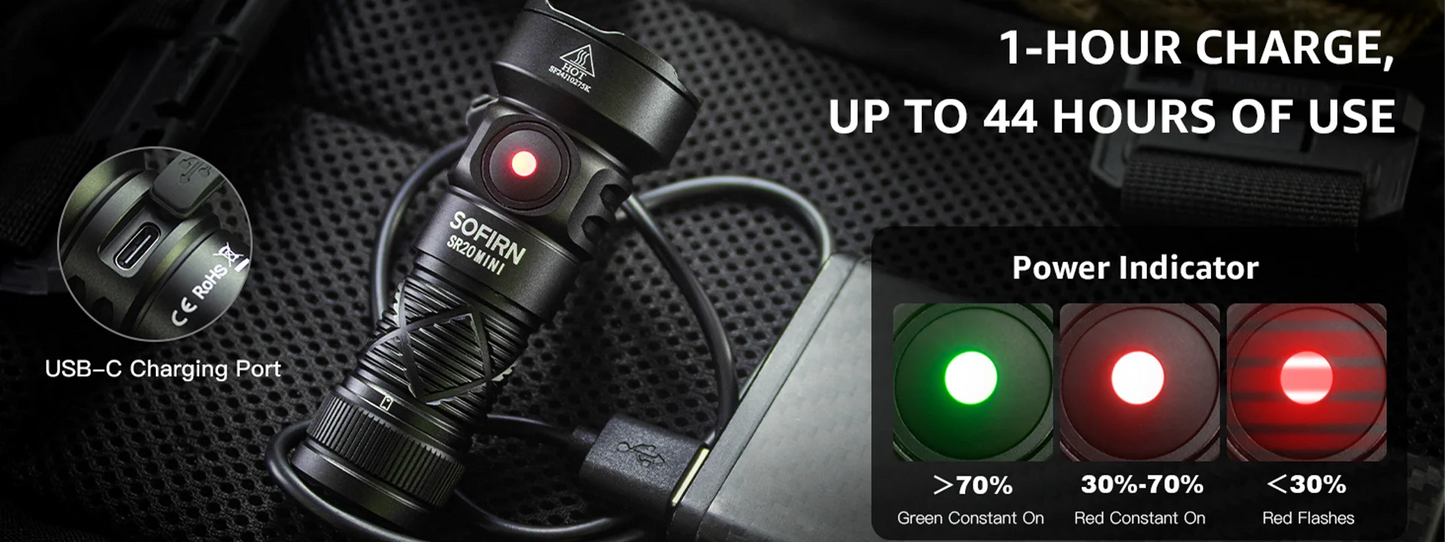 Sofirn SR20 MINI 1200lm Flashlight 18350 White and Red LED Light for Camping, Hunting, and Emergency Situations IP68 Waterproof