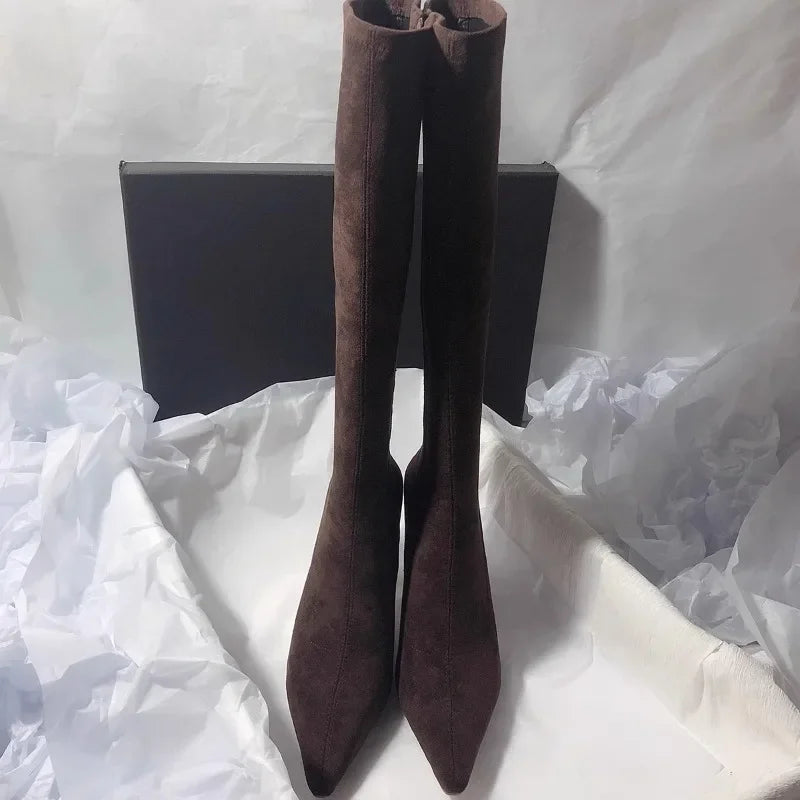 Pointed Toe Knee-High Boot Sexy Thigh High Boots Womens Side Zipper Suede Elastic High Heels Modern Shoe Zapatos De Mujer