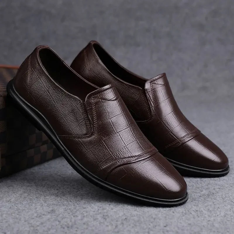 Social Shoe Male Spring Autumn Brown Men's Formal Shoes Round Toe Black Official Leather Casual Cowhide Footwear Clothing Office