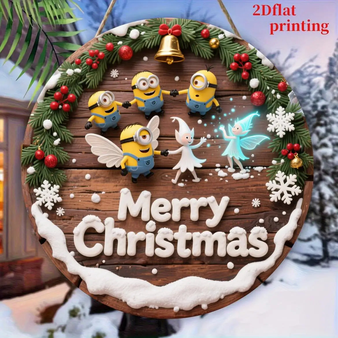 Christmas Minions Wooden Yard Sign Round Sign Creative Decorative Sign Suitable For Home Garden Terrace Snow House Decoration