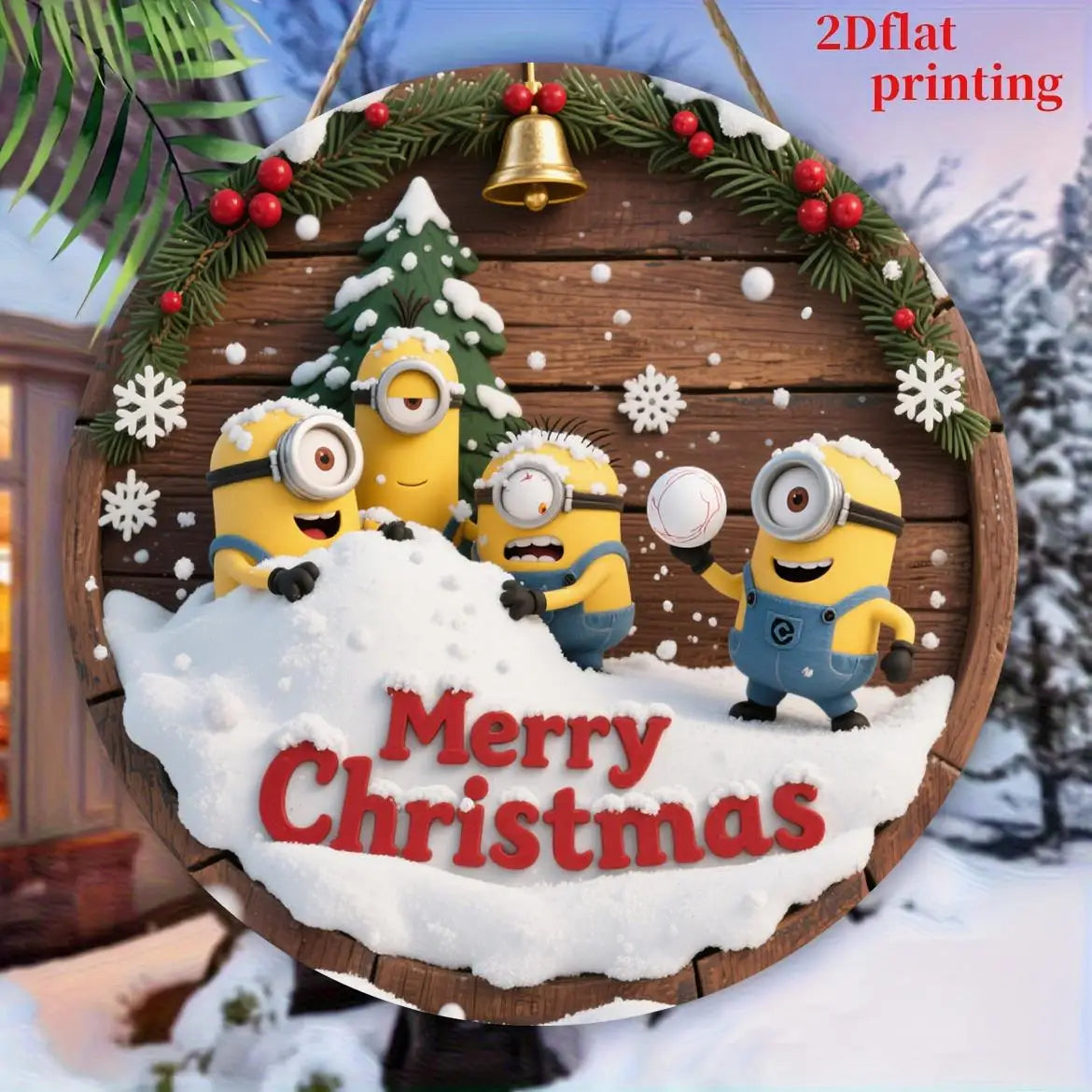 Christmas Minions Wooden Yard Sign Round Sign Creative Decorative Sign Suitable For Home Garden Terrace Snow House Decoration
