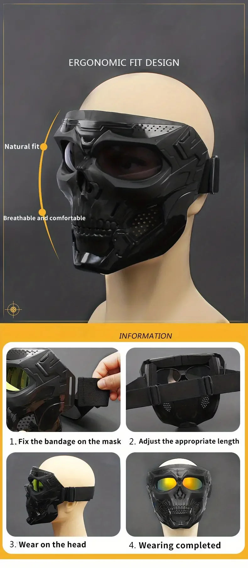 Tactical Skull Mask with Windproof Goggles for Outdoor Sports and Motorcycle Riding