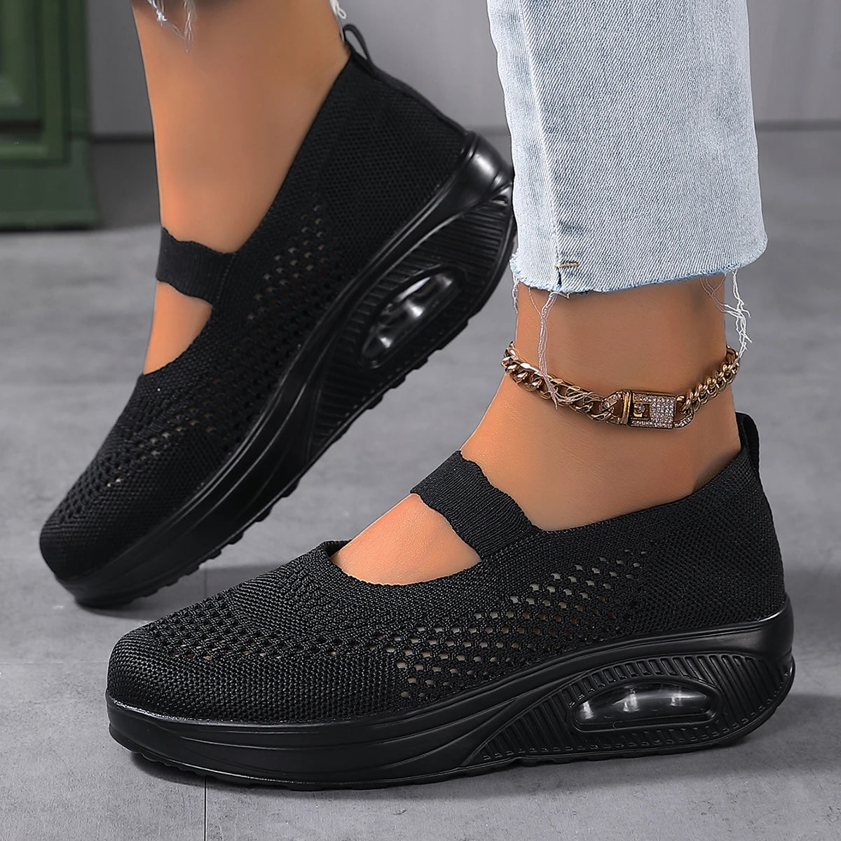 Round Toe Knitted Women'S Shoes With Thick Soles And Elevated Height, Single Shoe Size 35-43, Summer Breathable Casual Shoes