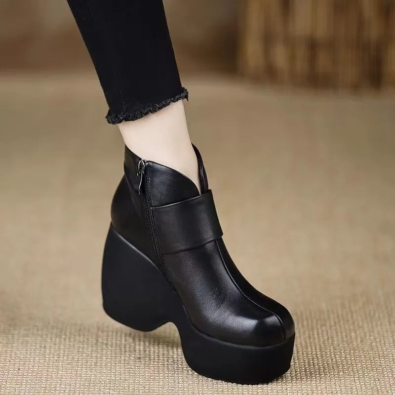 High Heeled Single Boots Women's Fashion Round Toe Side Zipper Platform Anti-Slip Wear-Resistant Short Shoe