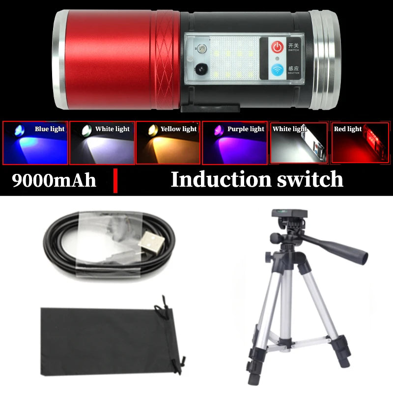 Super Bright Night Fishing Flashlight USB Rechargeable Searchlight Bait Purple Blue Handlamp 5 Light Source with Bracket