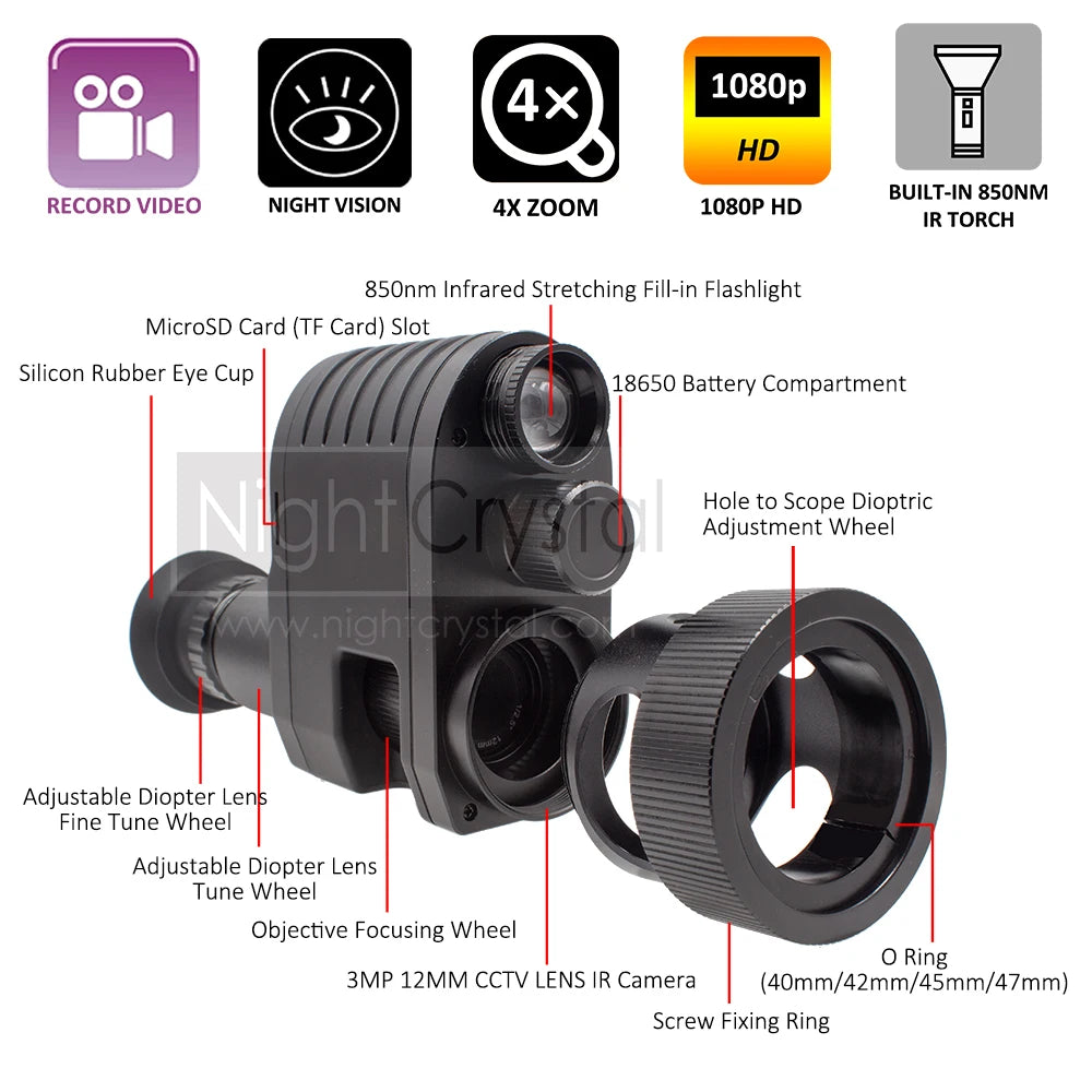 Hunting Night Vision Riflescope, Clip-on Attachment, Monocular, 1080p Video Camera, Thermal Goggle, Red Dot Sight, Laser IR, 850