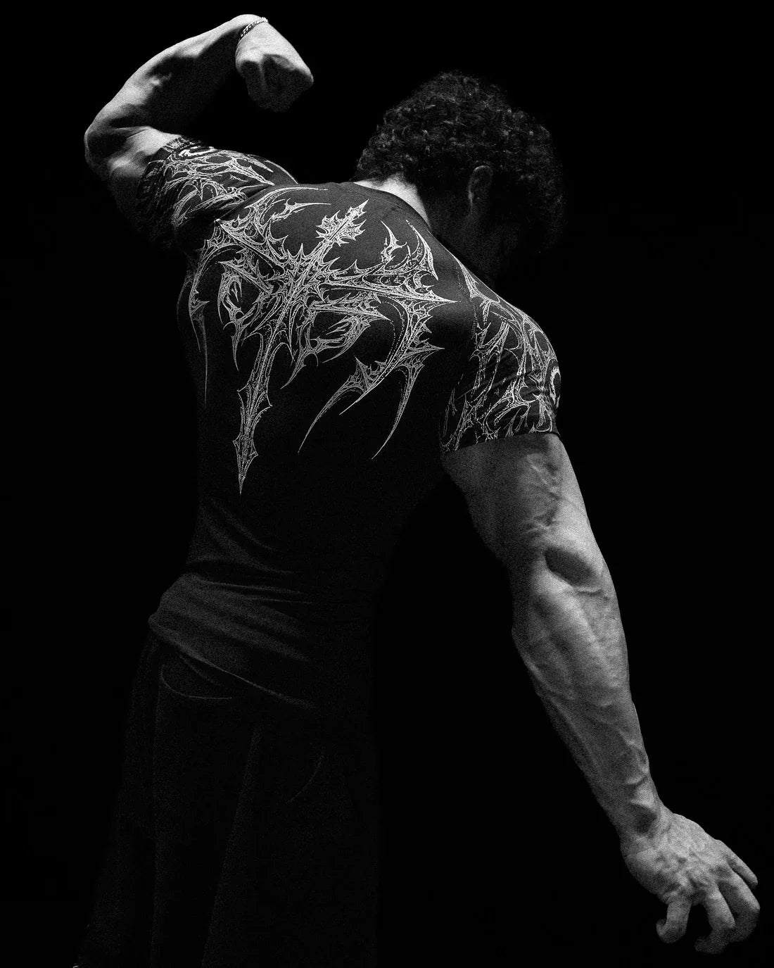 GYM T-shirt Men's Dark Gothic Print Muscle Tee High Elasticity And Quick Drying Exercise For Bodybuilding Training 2025 Summer
