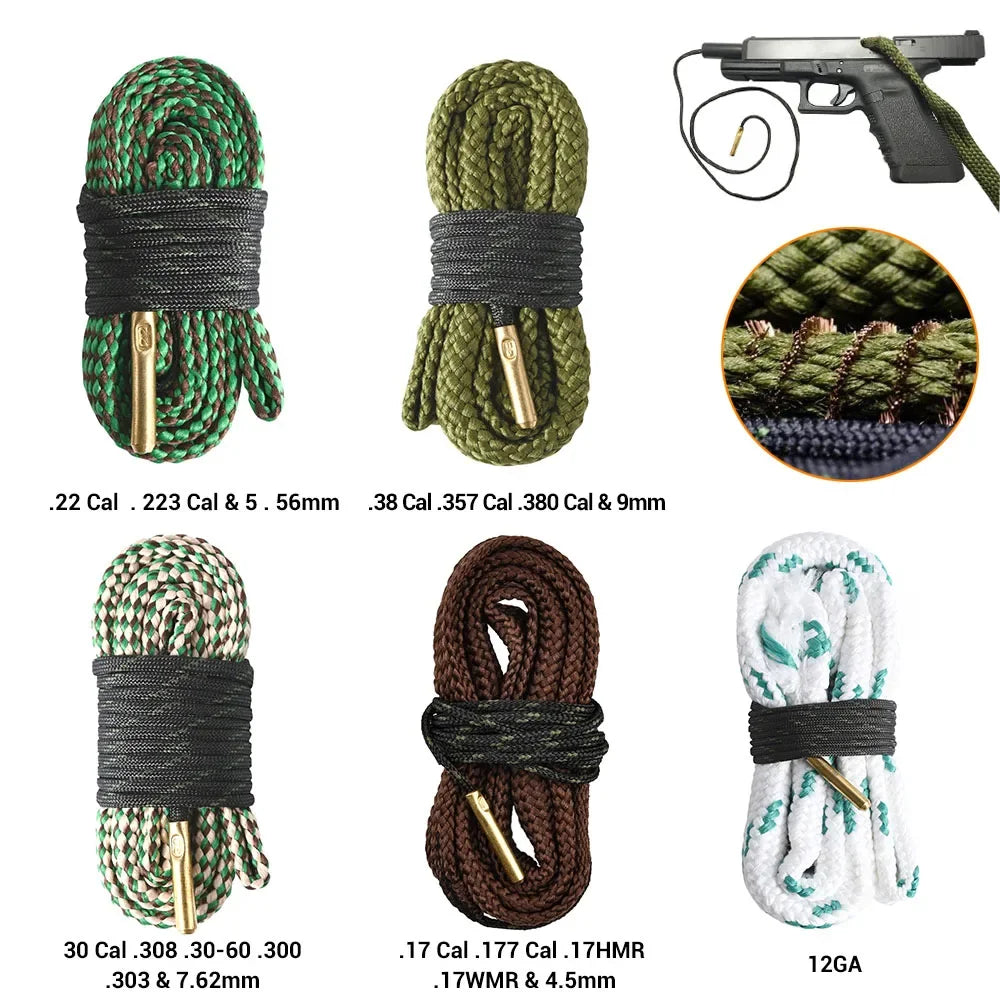Hunting Gun Bore Cleaner Rope .22 Cal.223 Cal.38 Cal& 5.56mm 7.62mm 12GA Rifle Cleaning Brush Kit Tool Rifle Barrel Calibre Rope