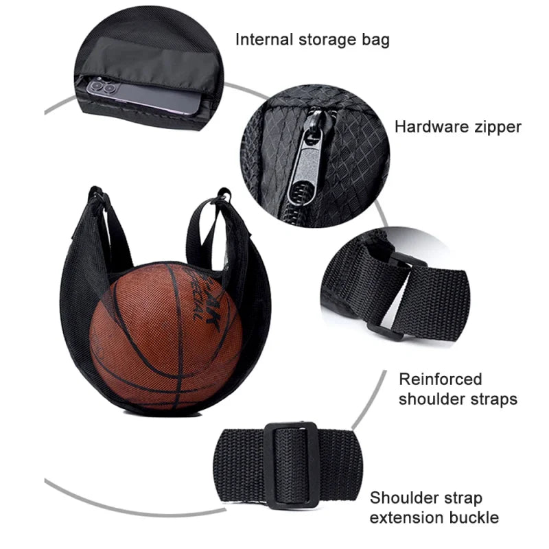 Sports Gym Ball Bag with Zipper Pocket Bag Shoulder Bag Drawstring Storage Oxford Mesh Backpack Basketball Football Pocket Pouch