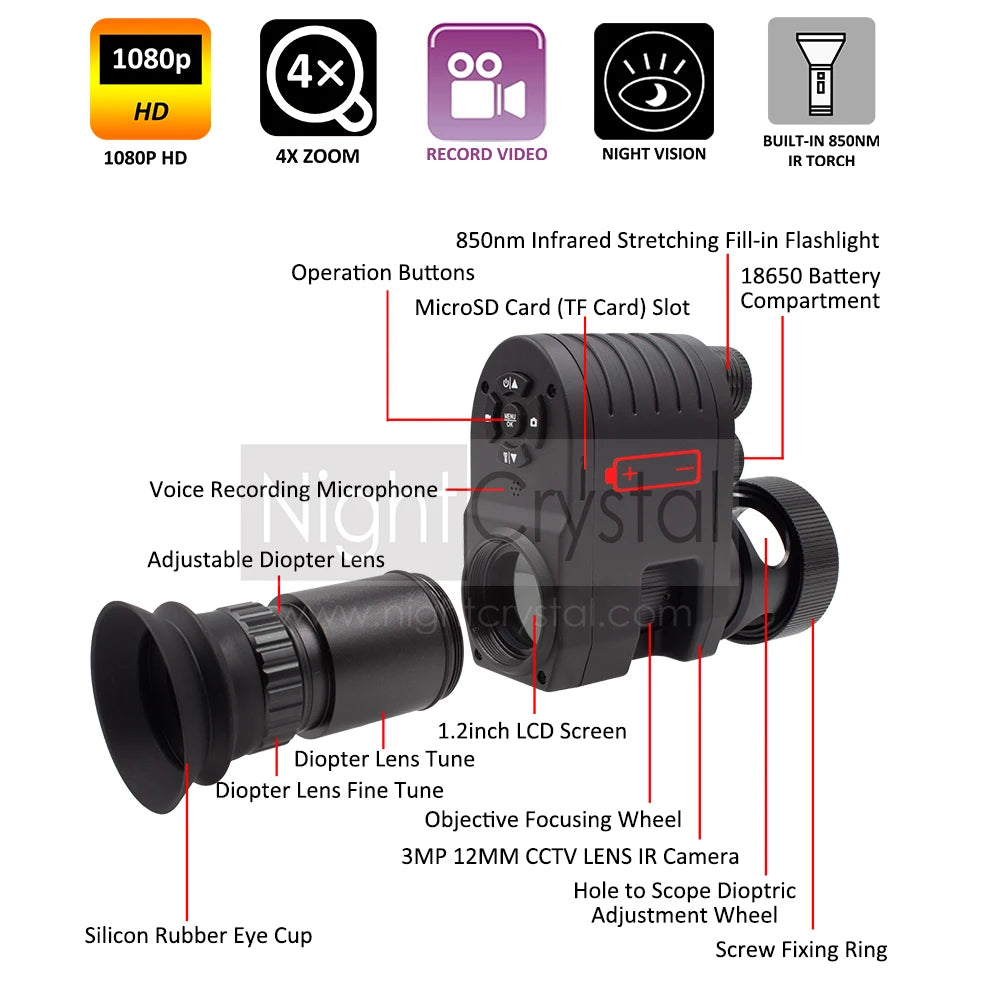 Hunting Night Vision Riflescope, Clip-on Attachment, Monocular, 1080p Video Camera, Thermal Goggle, Red Dot Sight, Laser IR, 850