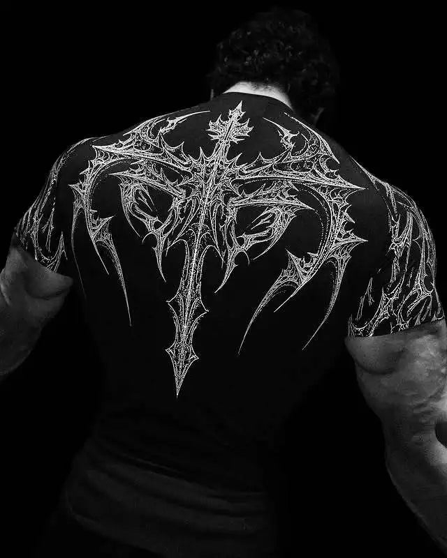 GYM T-shirt Men's Dark Gothic Print Muscle Tee High Elasticity And Quick Drying Exercise For Bodybuilding Training 2025 Summer