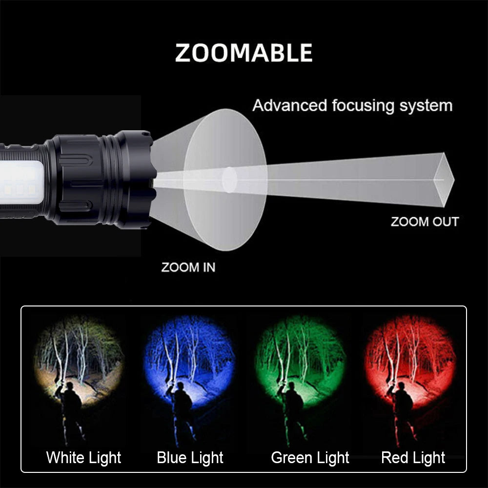 Tactical 4 in 1 Green Red Blue White Light LED Flashlight Type-C Fast Charging Torch for Hunting Fishing