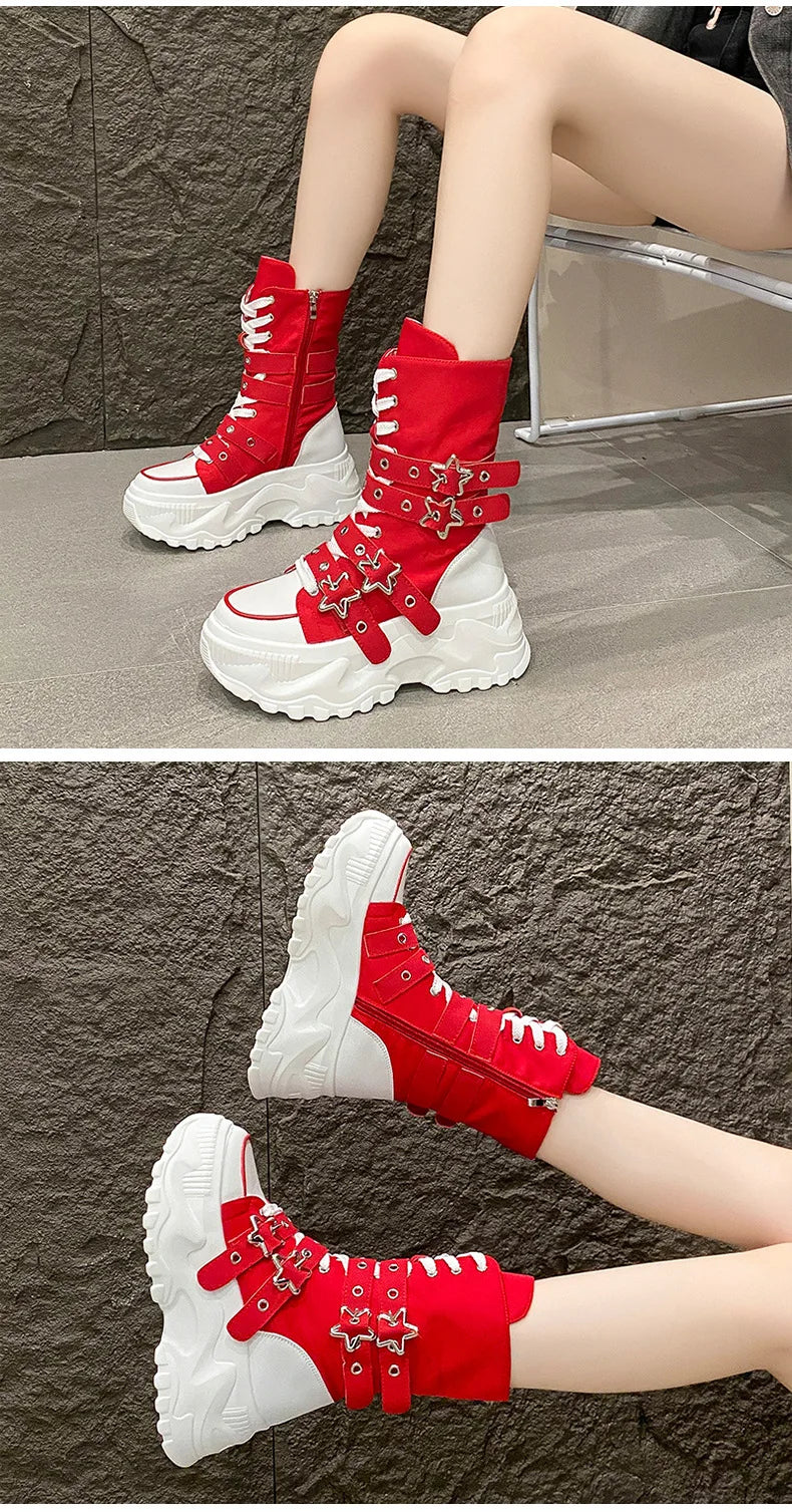 Women's Platform Boots New Round Head Belt Buckle Locomotive Boots European and American Thick-soled Boots for Women Botas Mujer