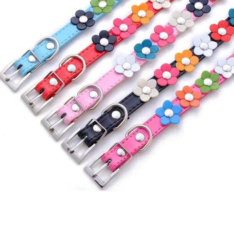 Portable Flowers Pet Dog Collar Leash PU Leather Cat Chain Neck Strap for Small Middle Large Animal Teddy Chihuahua Pug Fashion