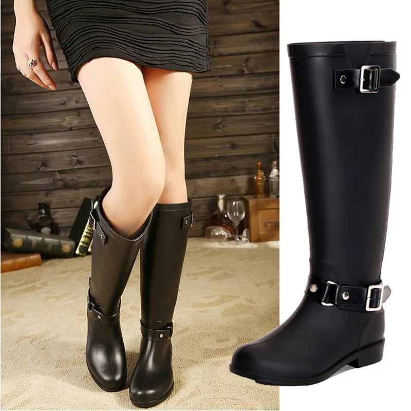 Rubber Boots for Women Waterproof Work Fashion Back Zipper Round Toe High Rain Boots Woman Water Shoes Botas De Caza Espanolas