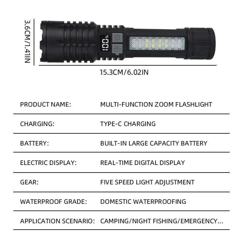 Tactical LED Flashlight High Power USB Rechargeable Camping Torch with Telescopic Zoom Emergency Spotlight Built-in Battery
