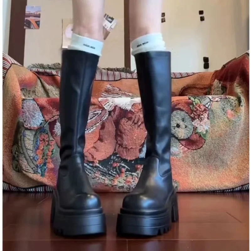 Women Black Boots 2025 New Platform Fashion Boots Women Shoes Autumn Thin Thick-soled Knee-high Knight Boots for Women Long Boot