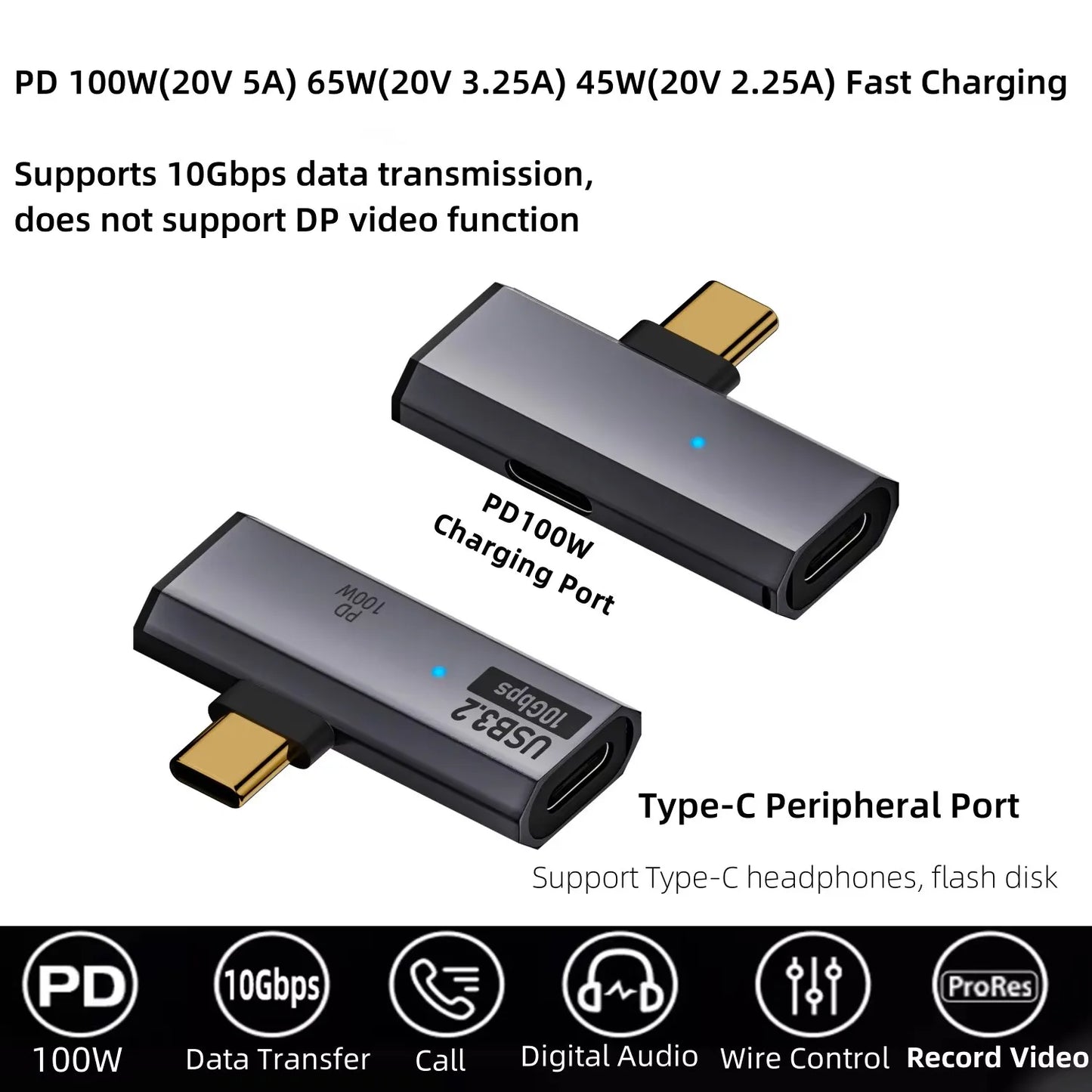 Type-C 10Gbps/Headphone Adapter with PD 100W Charging Port 2-in-1 USB C Splitter for Rog Ally, Steam Deck, Laptop, Mobile Phone