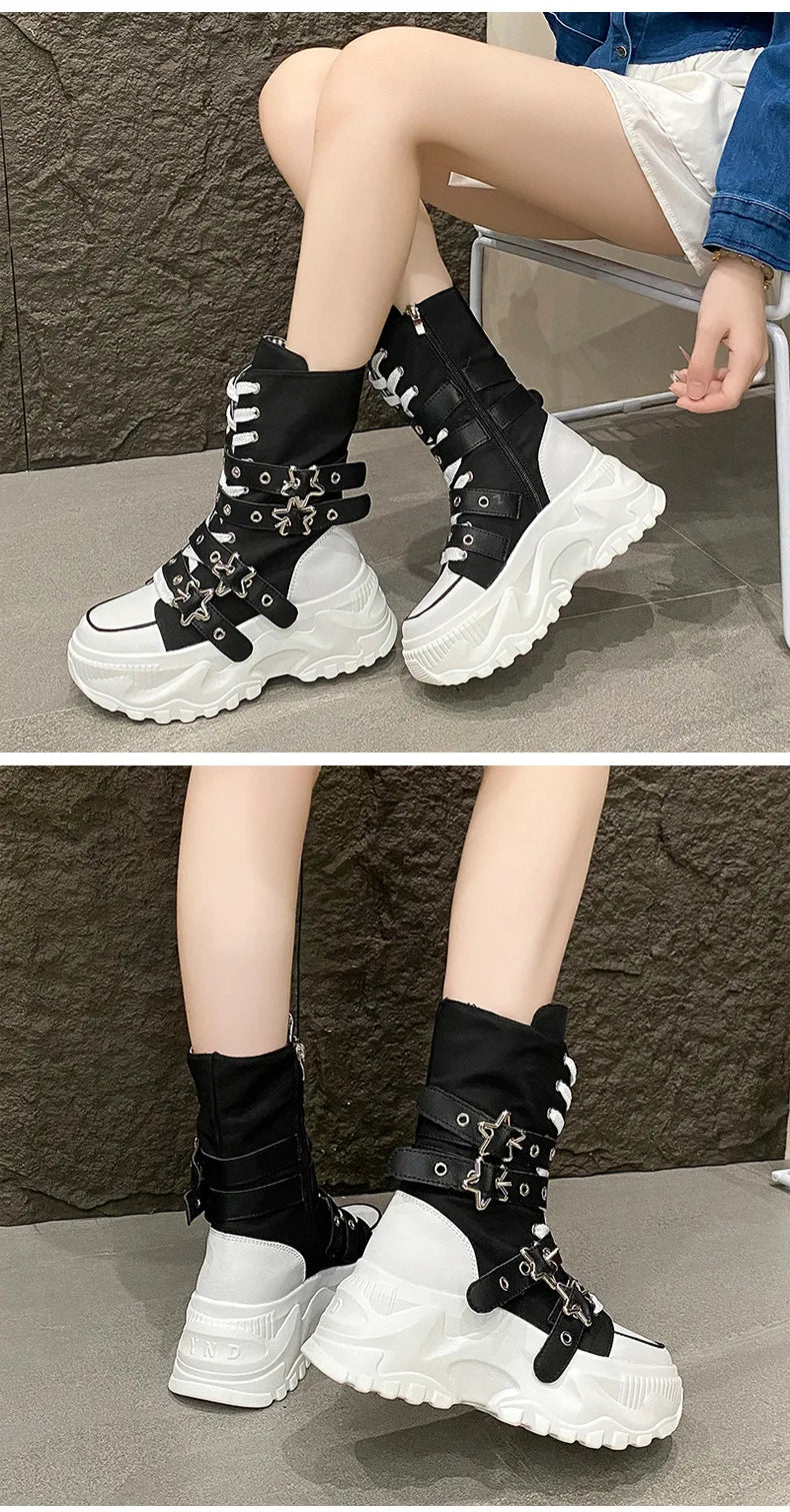 Women's Platform Boots New Round Head Belt Buckle Locomotive Boots European and American Thick-soled Boots for Women Botas Mujer