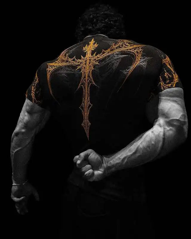 GYM T-shirt Men's Dark Gothic Print Muscle Tee High Elasticity And Quick Drying Exercise For Bodybuilding Training 2025 Summer