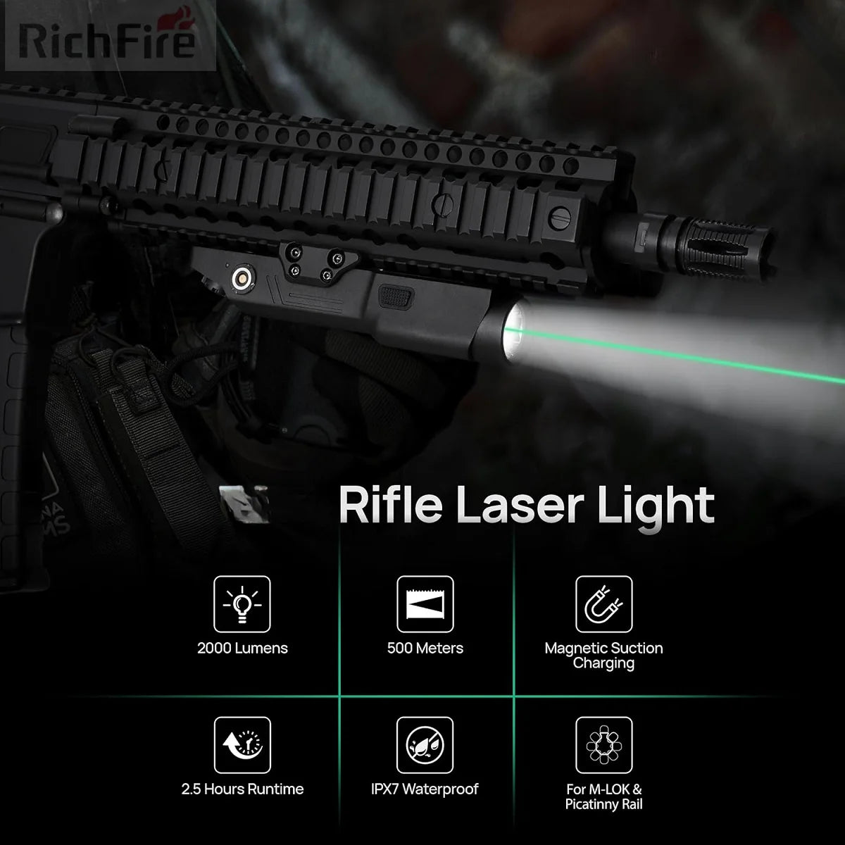 New Richfire 2 in 1 Combo Tactical Rechargeable Flashlight 2000 Lumen,Picatinny Rail MLOK Mounted Rifle AR15 Light for Hunting