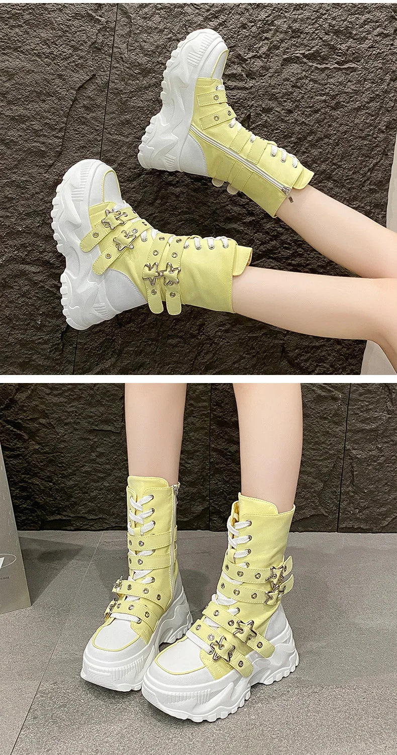 Women's Platform Boots New Round Head Belt Buckle Locomotive Boots European and American Thick-soled Boots for Women Botas Mujer