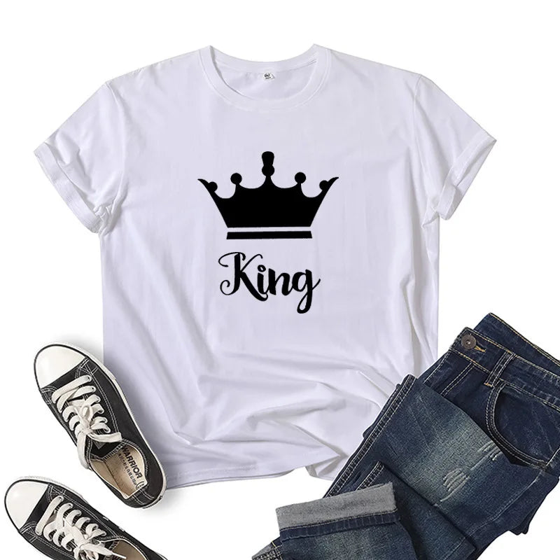 King Queen Crown Print Couple T Shirt Short Sleeve O Neck Wo Women Clothing Graphic T Shirts