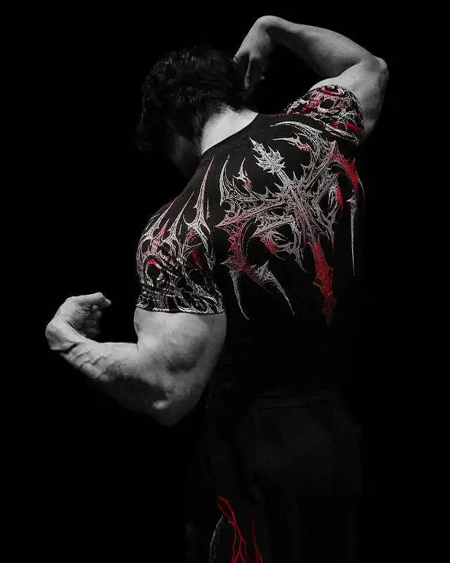 GYM T-shirt Men's Dark Gothic Print Muscle Tee High Elasticity And Quick Drying Exercise For Bodybuilding Training 2025 Summer