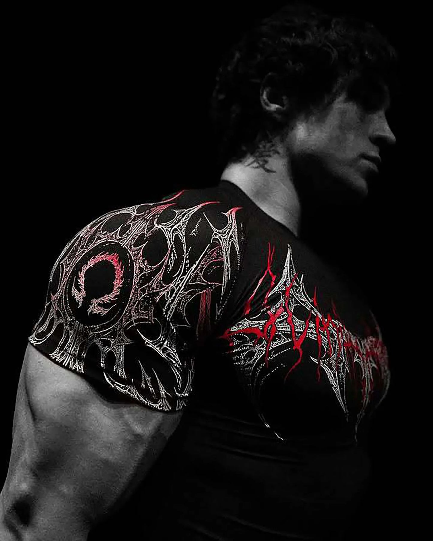 GYM T-shirt Men's Dark Gothic Print Muscle Tee High Elasticity And Quick Drying Exercise For Bodybuilding Training 2025 Summer