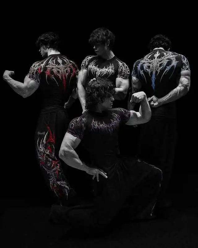 GYM T-shirt Men's Dark Gothic Print Muscle Tee High Elasticity And Quick Drying Exercise For Bodybuilding Training 2025 Summer