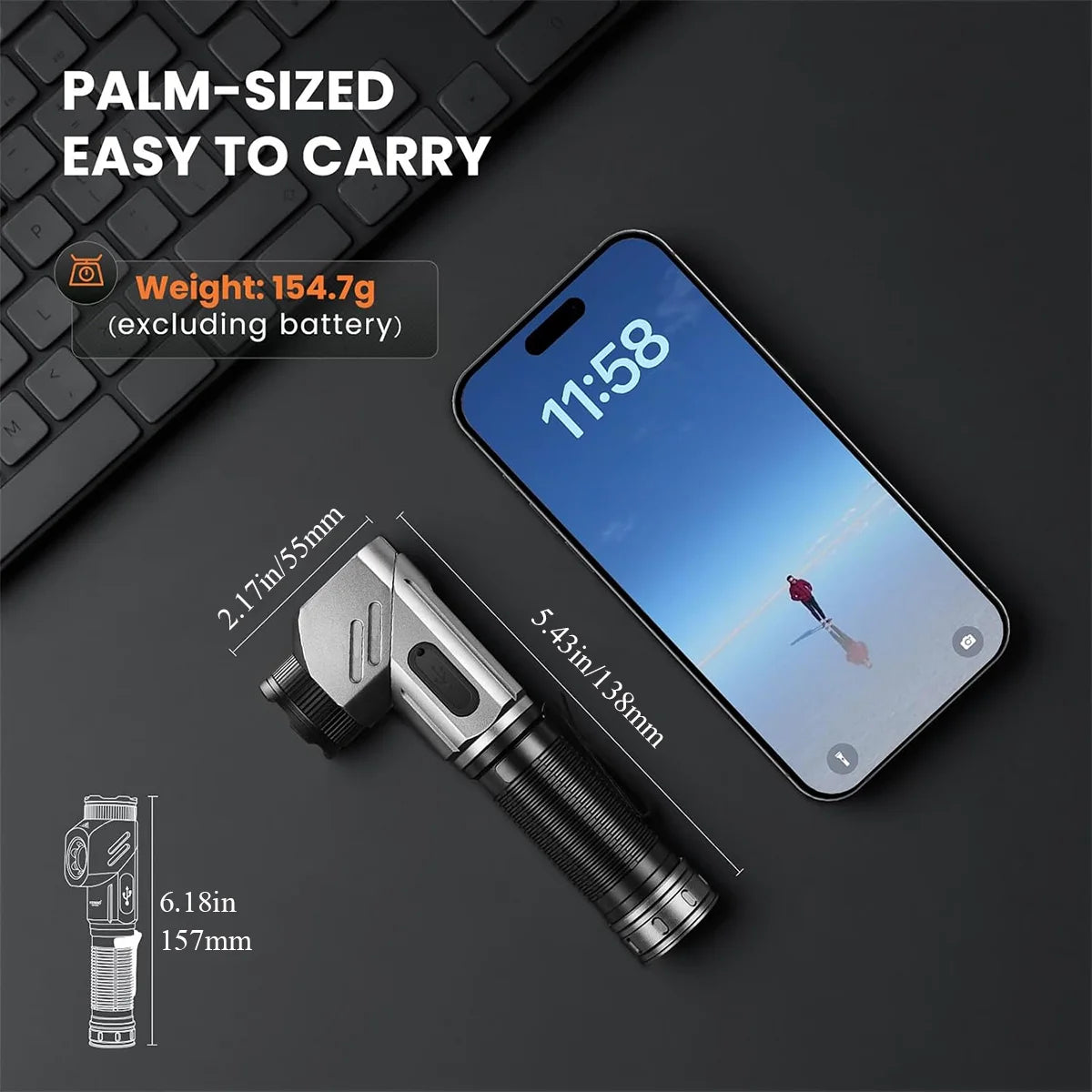 Rotating Flashlight 1300 Lumens USB Rechargeable 4500mAh Removable Battery Aluminum Alloy with Swivel Head Magnetic Base Clip Ad